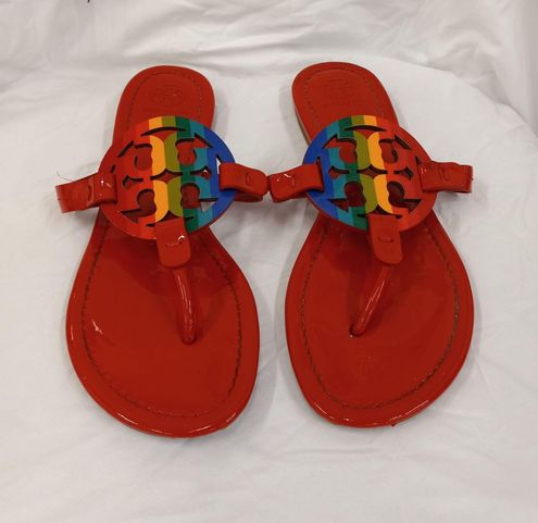 Tory Burch Multicolor Miller Rainbow Logo Flat Sandals Size: US  Color  code : Bright Rainbow/ Ruby Red Size :  - $150 - From A