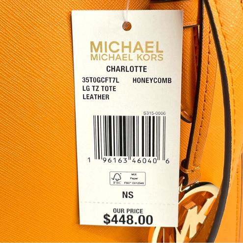 Michael Kors Charlotte Large Honeycomb Leather Top Zip Tote Handbag Purse  in Orange