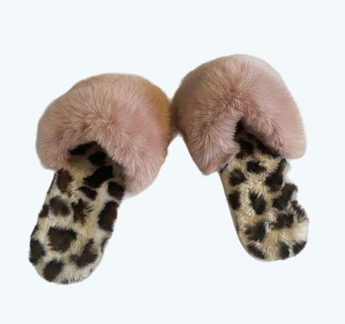 Shiraleah Chicago Vail Fluffy Faux Fur Blush Pink Leopard Slipper Slide Sz  L/XL 