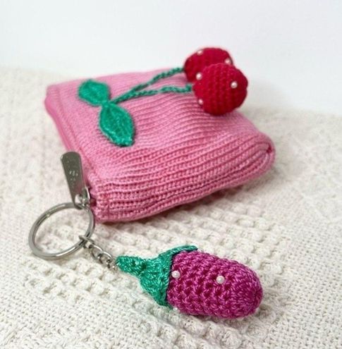 The Sak Crochet Pink Coin Purse Small Pouch Cherries Strawberry Charm Key  Ring - $22 - From Emmie