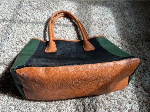 Vintage Tote, Neiman Marcus, Faux Leather, Dark Green, Black and Camel, Color Block Tote, Never Used, Pebbled Surface, Fully Lined