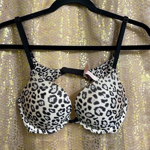 Victoria Secret 32D Animal Print Bra Light Padded Underwire Black White  Cheetah