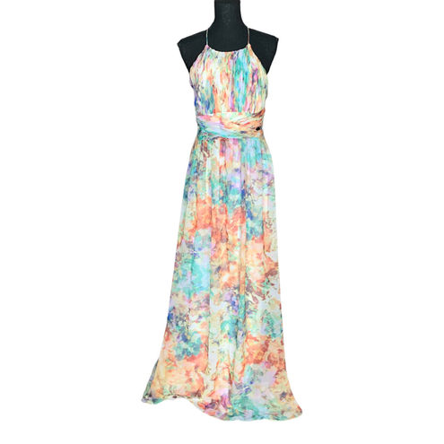 Aidan Mattox Watercolor Cutout Chiffon Maxi Gown Bridesmaid Halter