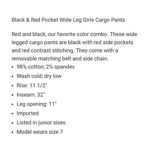 Black & Red Pocket Wide Leg Girls Cargo Pants