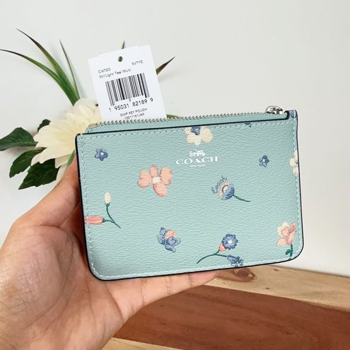 COACH KEY POUCH CARD CASE WITH MYSTICAL FLORAL PRINT:NWT LIGHT TEAL (see  note!)