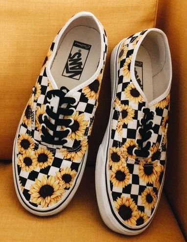 Black and white checkered vans with sunflowers cheap