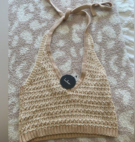 Summer Groove Beige and White Crochet Halter Top Swim Cover-Up