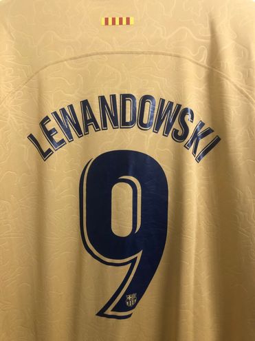 Nike Barcelona Robert Lewandowski Away Jersey w/ La Liga Patch 22/23 (Club Gold) Size XL