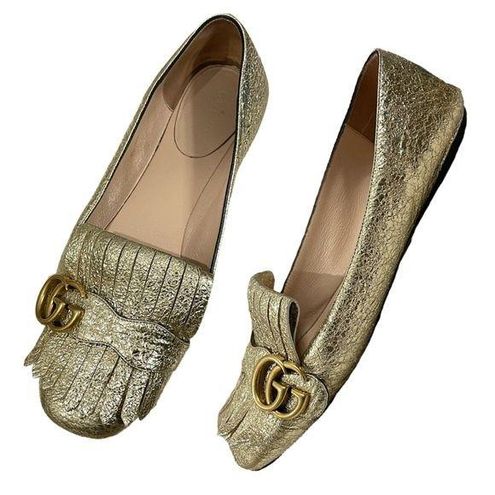 Gucci Gold Foil Leather GG Marmont Fringe Detail Flat Mules Size