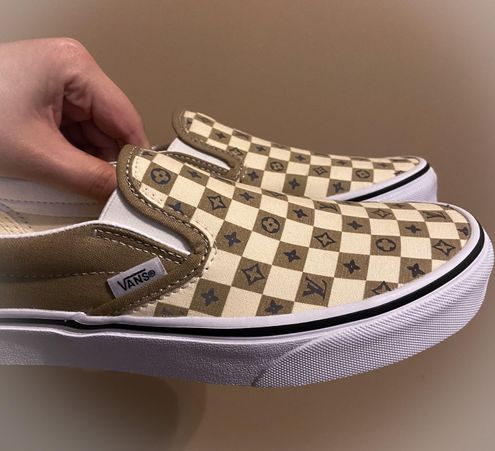 Vans Custom LV reflective Checkered Print Slip On Shoes Tan Size 8.5 - $95  (52% Off Retail) - From Ana