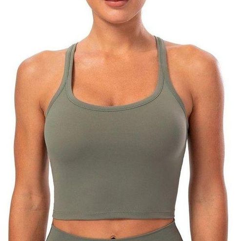 Lavento Silky Olive Green Racerback Sports Bra Crop Top - Large