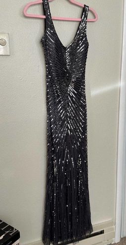 Aidan Mattox Grey All over Sequin V Back Mesh Gown Dress Sz 2 Prom