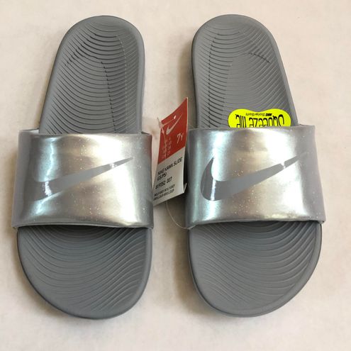 silver nike slides