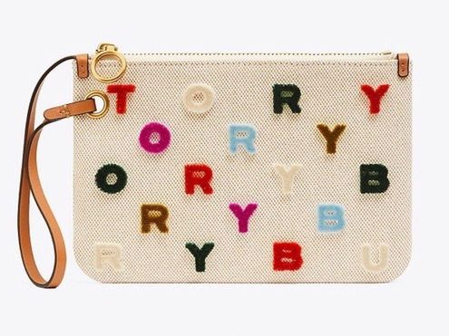 Tory Burch Bag Perry Fil Coupe Wristlet Letters Canvas Natural