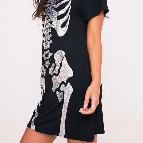 Prettylittlething Women's Skeleton Holographic Print T Shirt Dress - Size 10