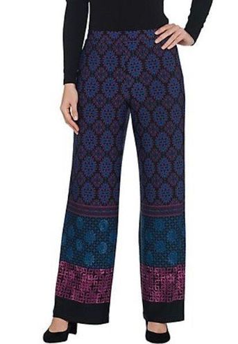 Susan Graver Printed Liquid Knit Wide Leg Pants Blue