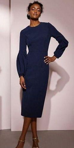 Kay Unger Greyson Pleated-Sleeve Crepe Midi Dress Navy Womens Size
