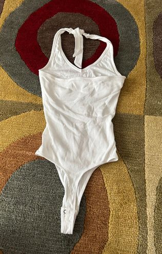 Hollister White Ribbed Halter Thong Bodysuit Shelf Bra Built in