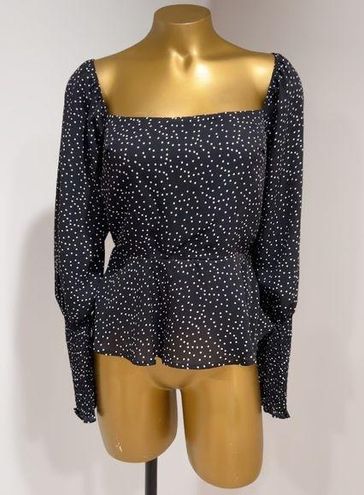 Puff-sleeved Blouse - Black/white dotted - Ladies