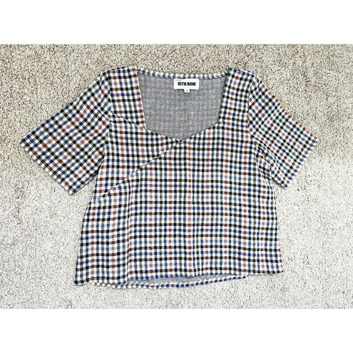 Rita Row Plaid Surplice Top Blue Size M - $15 (88% Off Retail