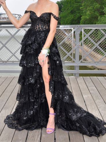 Gorgeous V Neck Beaded Black Lace Long Prom Dress, Black Lace