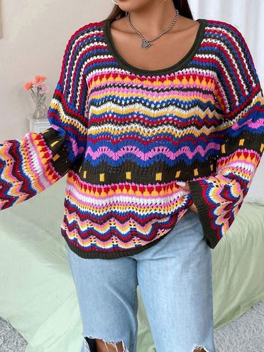 Sweaters for Women Chevron Pattern Drop Shoulder Pointelle Knit