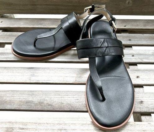 Cole Haan Ainslee Grand Black Leather T Strap Flat Heel Sandals