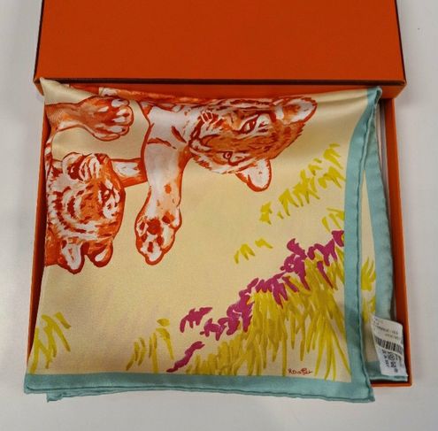 Hermes Orange Tiger Cubs Silk Gavroche Scarf