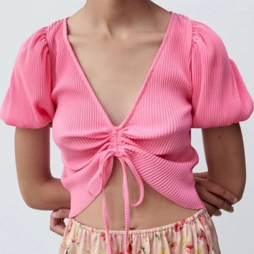 Zara, Tops, Cute Zara Pink Shirt Ruffle Puff Sleeve Preppy