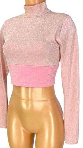 NAKED WARDROBE On The Glow Mock Neck Long Sleeve Sparkle Crop Top Size Small