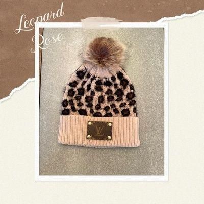 Tan Leopard Fur Pom Pom Re-purposed Lv Patch Beanie - $51