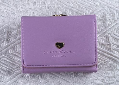 Small Kiss Lock Purple Leather Wallet Note Area Coin Purse 