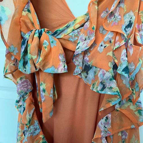 LC Lauren Conrad NWT Print Ruffle Midi Dress, Light Orange Floral