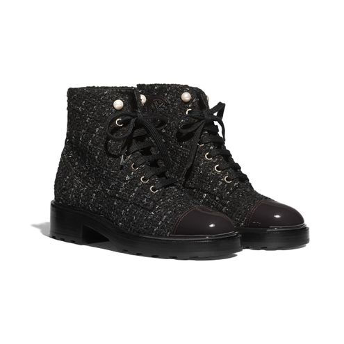 Chanel Tweed Patent Calfskin Pearl Combat Short Boots 39 Black Grey Size 9  - $2000 - From Bbluxwins