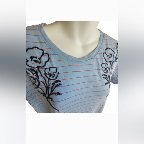 Lucky Brand T-Shirt Large Floral Embroidered Women Light Blue
