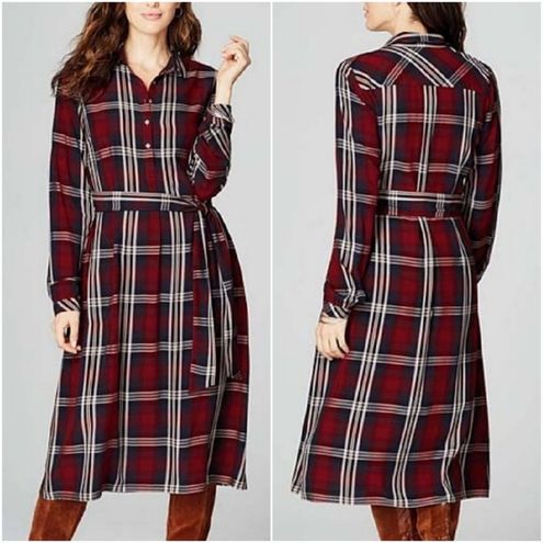 J Jill Rayon Red Blue Plaid Belted Long Sleeve Midi Dress Size XL