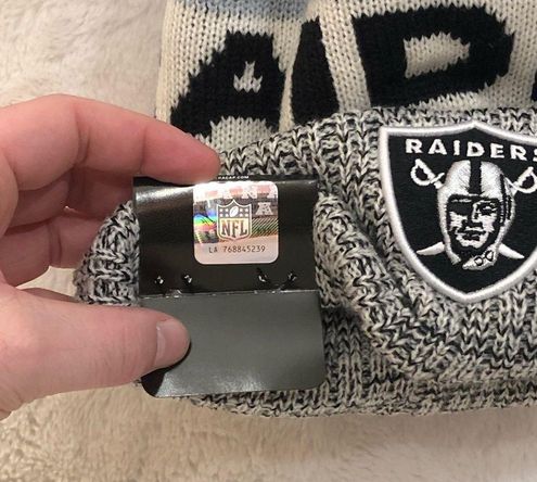 Oakland Raiders NFL Football Black Silver New Era Winter PuffBall Beanie  Hat Cap