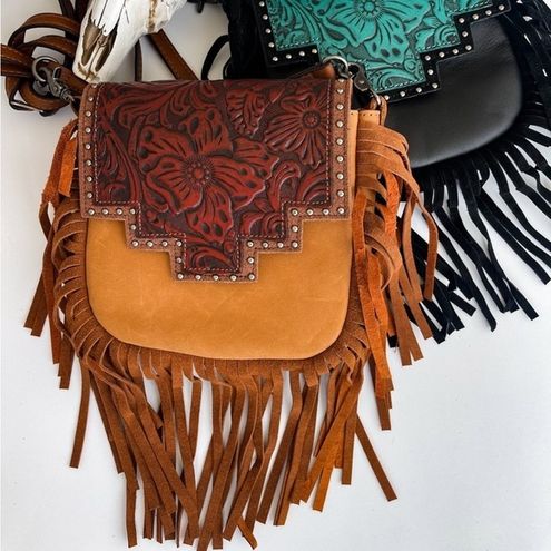 Montana West Genuine Leather Tooled Fringe Crossbody -Black