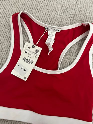 ZARA Sports Bra Red White Trim Tank Crop Top Activewear Nylon