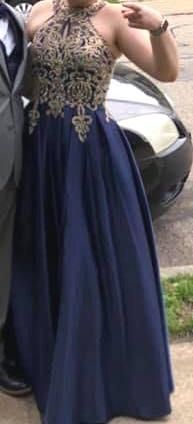 navy blue gold accent prom dress Size M ...