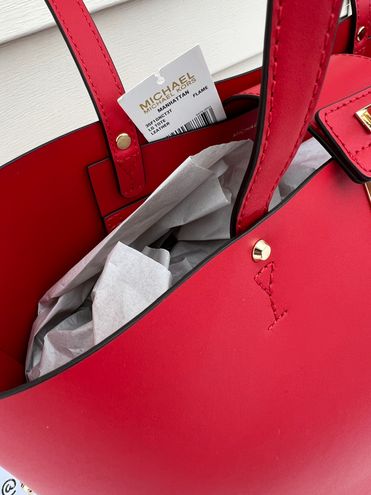  Michael Kors Manhattan Large Leather Tote Signature MK Logo Bag  In Flame (Red) : Clothing, Shoes & Jewelry