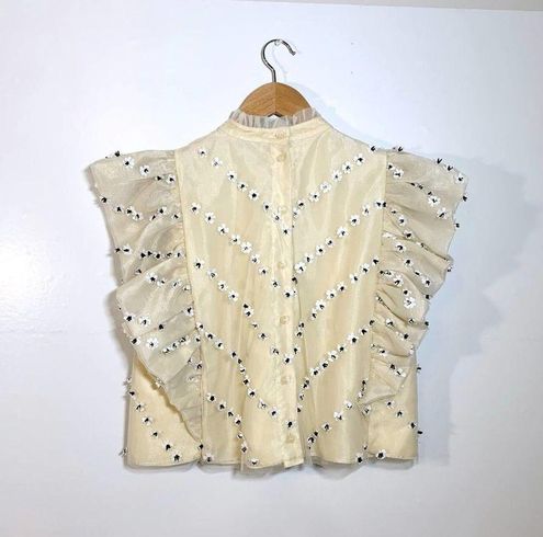 Ganni *Rare* Rosenfeld Floral Beaded Ruffle Crop Top in Tapioca