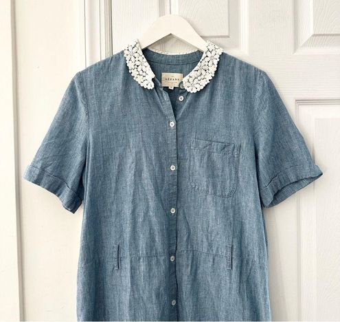 S zane Sezane Alex Blue Denim Chambray Midi Buttondown Dress Lace