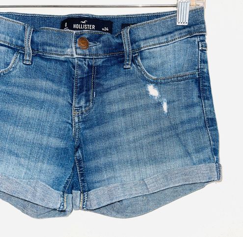 Hollister Jean Shorts Size 3 W26 Womens Cuffed Low Rise Medium Wash Blue  Denim