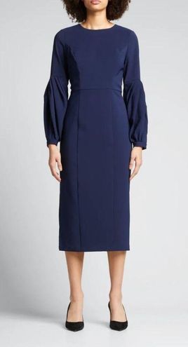 Kay Unger Greyson Pleated-Sleeve Crepe Midi Dress Navy Womens Size 4