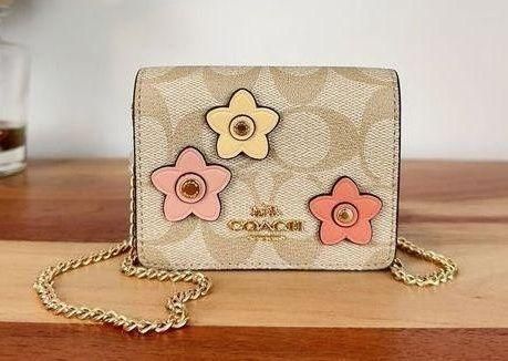 Coach Mini Wallet On A Chain In Signature Canvas With Floral Applique