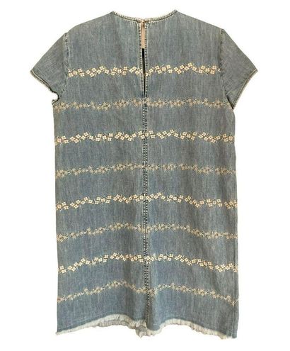 Lucky Brand Denim Dress Size Large Floral Embroidered Raw Hem