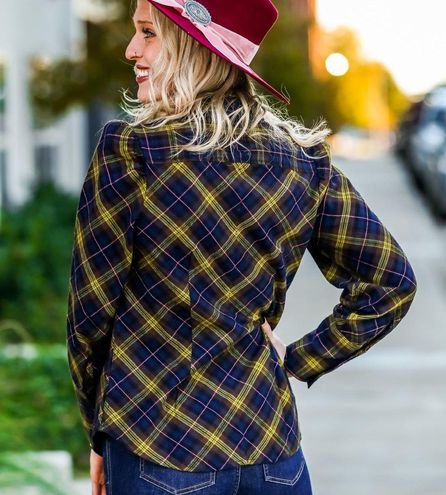 The Shirt Rochelle Behrens  The Puff Shoulder Plaid Flannel Size Extra  Small Blue - $60 (60% Off Retail) - From Nicole