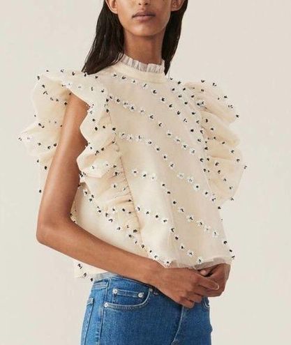 Ganni *Rare* Rosenfeld Floral Beaded Ruffle Crop Top in Tapioca