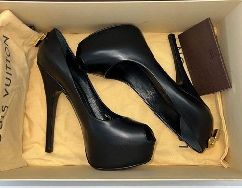 Louis Vuitton “Oh Really” Matte Black Leather Gold Lock Platform Peep Toe  Size 8 - $622 (58% Off Retail) - From Jeremy